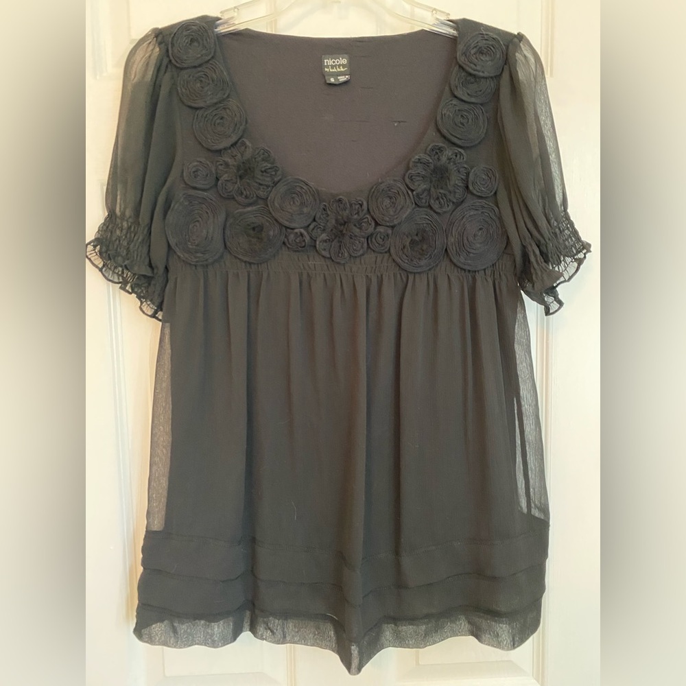 Nicole Black Sheer Rosette Blouse